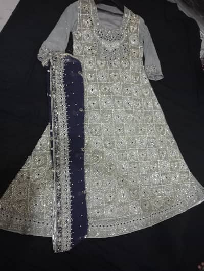 Maxi Dress Walima - Ice Blue Heavy Kundan Work + Navy Dupatta