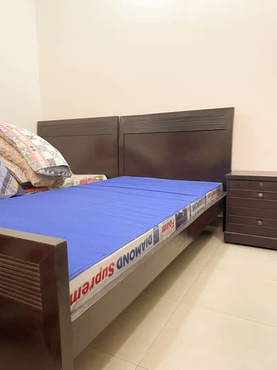 Pair of Wooden Single Beds with Mattresses & Side Table for Sale