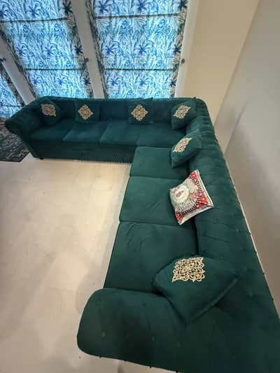 L-Shaped Green Sofa for Sale