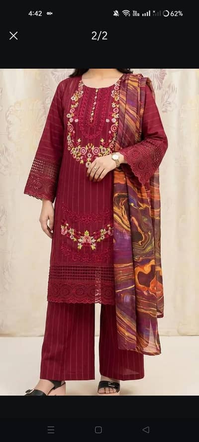 3 piece embroided cotton dress in maroon color