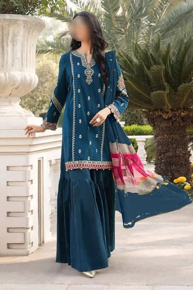blue embroidered 3 pcs lawn suit for girls