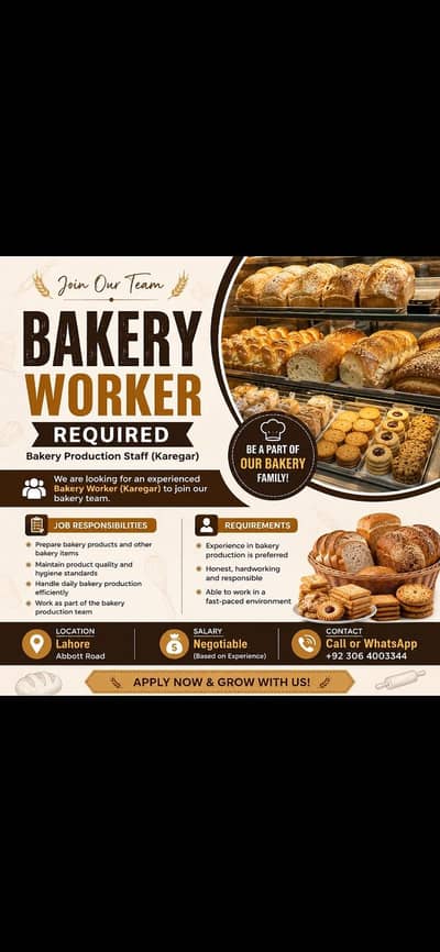 Bakery Worker / Bakery Production Staff Required – Abbot Road, Lahore