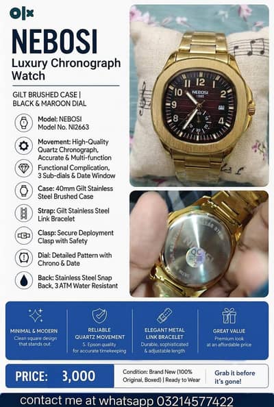 NIBOSI 2653 Luxury Watch Brand New Full Gold Stainless Steel