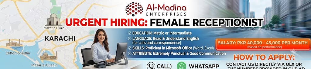 Urgent: Female Receptionist Needed in Karachi (Salary 40k to 45k)