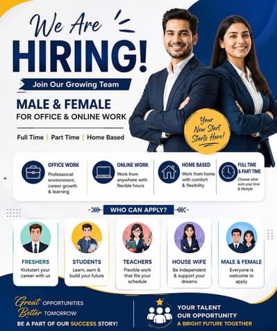 HIRING MALE AND FEMALE STAFF FOR OFFICE WORK . .