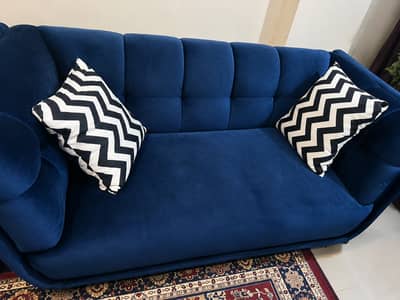 Luxury Royal Blue Velvet 5-Seater Sofa Set with Designer Cushions |