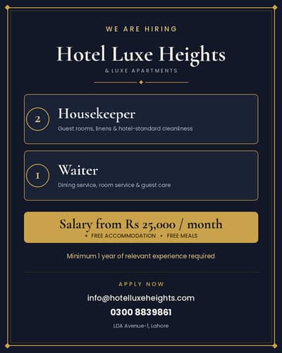 Hotel Staff Required – Housekeepers (2) & Waiter (1)