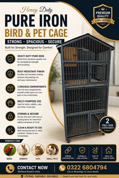 Heavy Duty Pure Iron Bird & Pet Cage 2 Compartments Strong Iron Build
