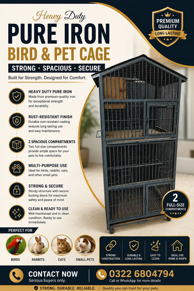 Heavy Duty Pure Iron Bird & Pet Cage 2 Compartments Strong Iron Build