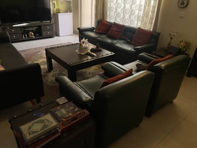 Solid wood coffee table + 2 side tables + 2 one seater sofas + 3seater