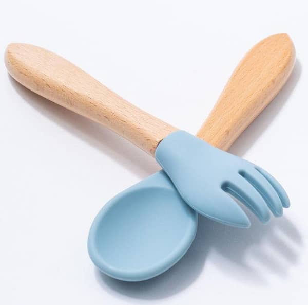Silicone Spoon And Fork Natural Bambo Handle 100% Silicone Soft Tip