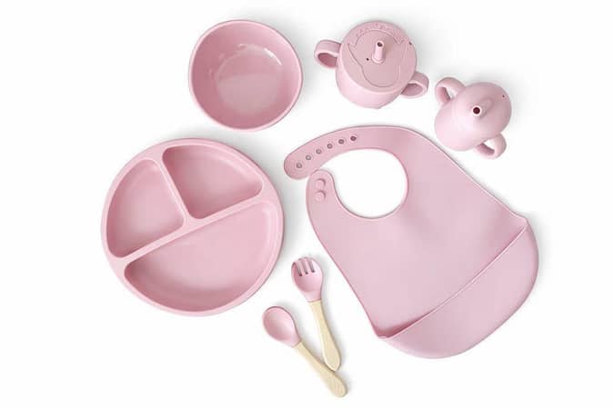 Baby silicone tableware set with cartoon squirrel dinner plate and bowl, 2-in-1 water cup, snack cup, spoon and fork