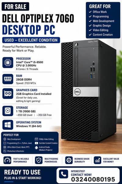 Dell OptiPlex 7060 Tower || i5 8 gen || 28 gb Ram || 256 ssd +512 hard