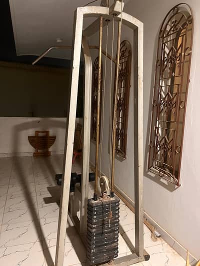 Gym pulley (at pulldown machine), bench with rod and back pulley