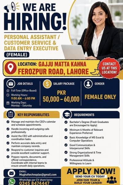 Female Assistant & Customer Service Executive Required