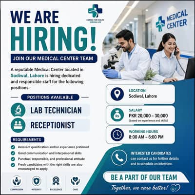 Lab Technician & Receptionist Required for Medical Center