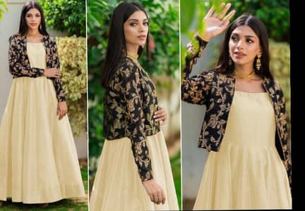 Fancy Maxi dress with embroidery shrug - Brand new
