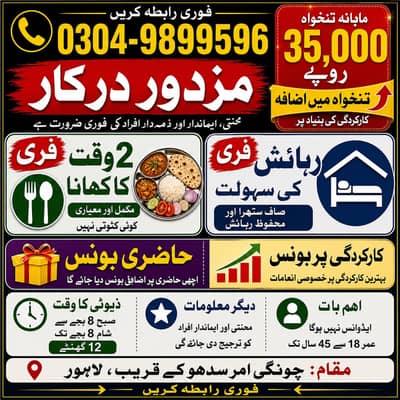 Labor Required in Lahore - Salary 35,000 + Free Food & Accommodation