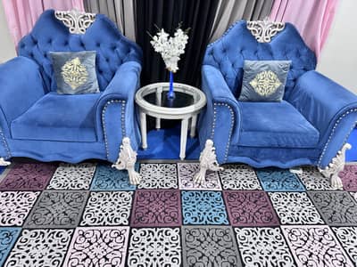 Luxury Royal Blue Velvet wooden Sofa Set with Glass Table