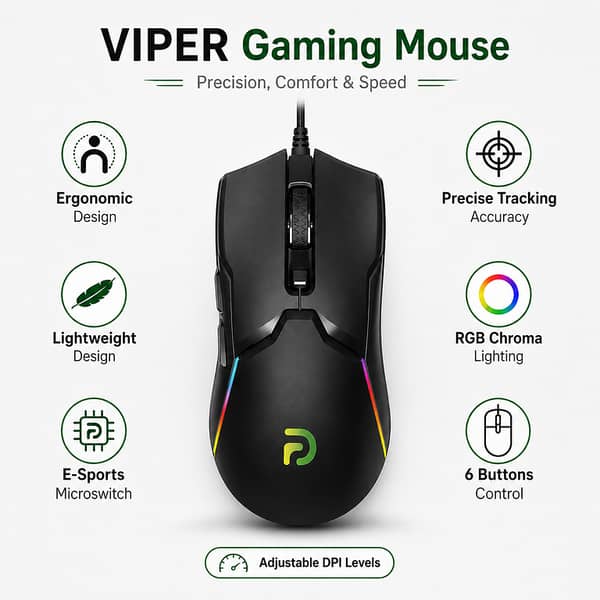 VIPER Wired Gaming Mouse – RGB Light, 6 Buttons, USB Gaming Mouse