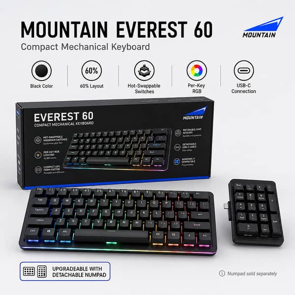 MOUNTAiN EVEREST 60 RGB MECHANiCAL GAMiNG KEYBOARD BLACK WiTH DEATACHABLE NUMPAD