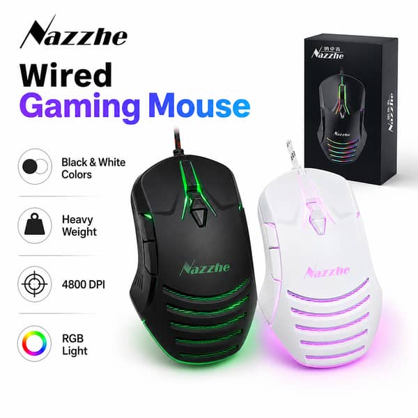 Nazzhe Wired Gaming Mouse with RGB Light, 4800 DPI, Heavy Weight Design, USB Wired Mouse for PC, Laptop, Gaming & Office Use – Black & White Colors