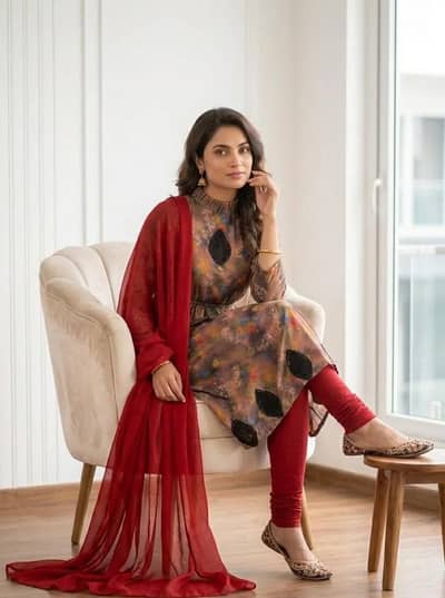 Pakistani printed kurta set with red Shalwar