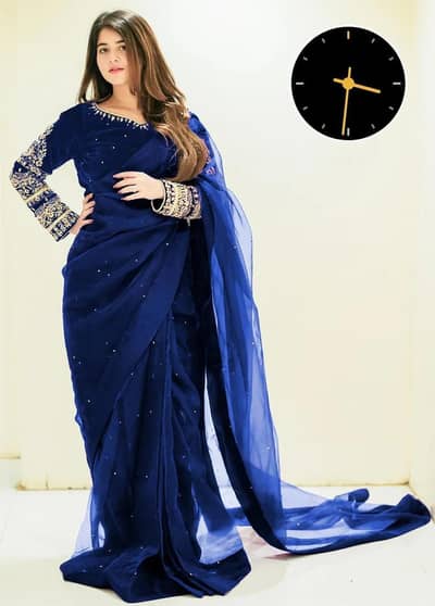 Blue chiffon saree with pearls Embroidery set