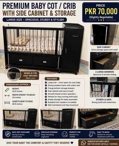 Large Size Baby Cot with Side Cabinet & 2 Storage Drawers