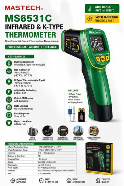 MS6531C MASTECH Non-Contact Infrared Temperature Gun (-40C~800C)