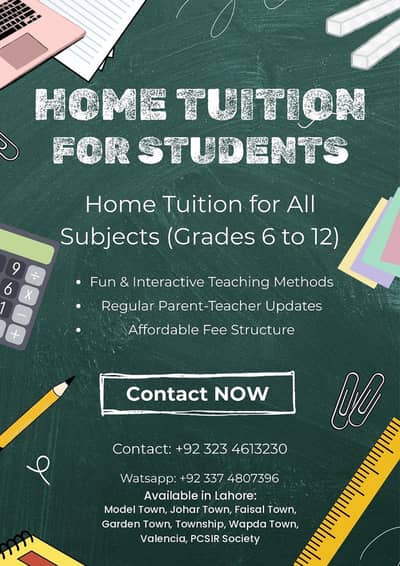 Home Tuition in Lahore (Grades 6 to 12) - All Subjects