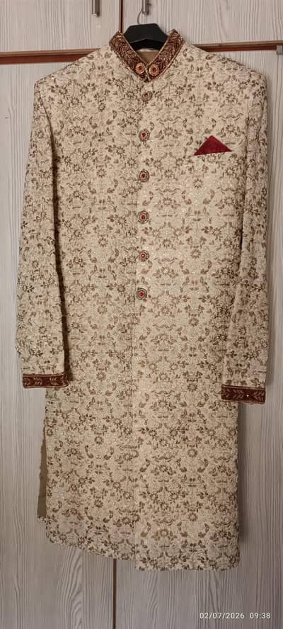 Cream Sherwani with Khussa & Qulla | Wedding Groom Dress | Barat Sherw