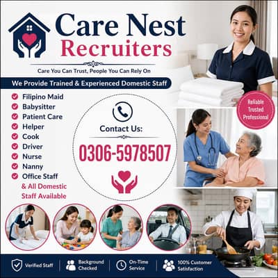 Patient Care , Nurse , House Maids , Babysitter , Driver, Maids, Cook