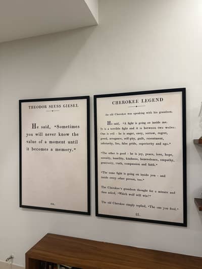 2 pair of white text art paintings