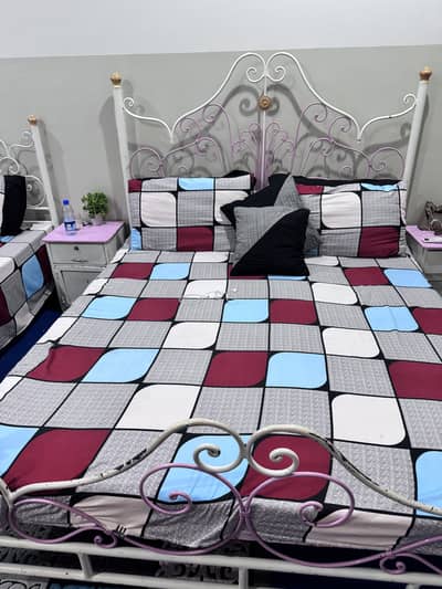 Steel Single Bed and Double Bed with Mattresses and Side Tables