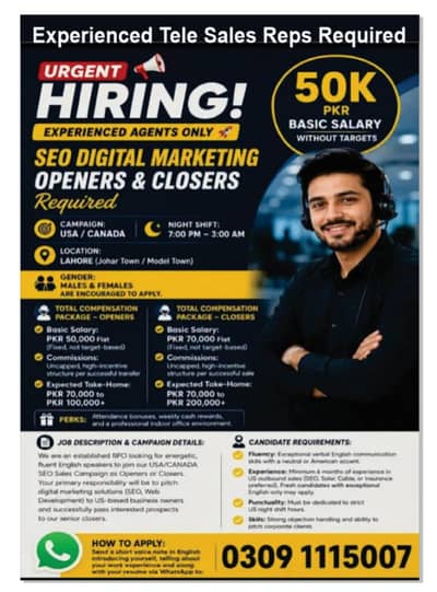 Experienced Telesales Reps required B2B Night shift 50k +  Johar town
