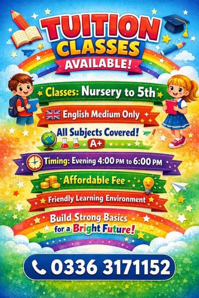 Tution available for class nursery to 5th with cheap fees enroll now
