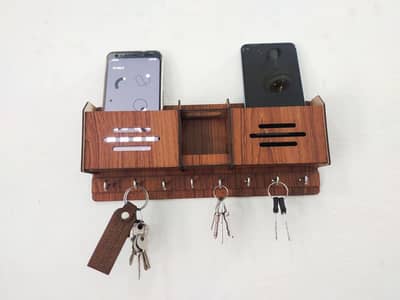 Wooden Mobile And Key Holder With Hooks