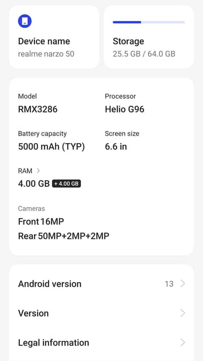 Realme Narzo 50 4+4 64 gb heloi g96 processor hai exchange possible