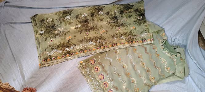 3pcs pista green embroidery with multi Floral printed