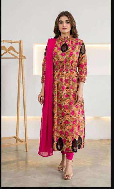 Pakistani Floral Printed Kurta Set With Pink Dubatta