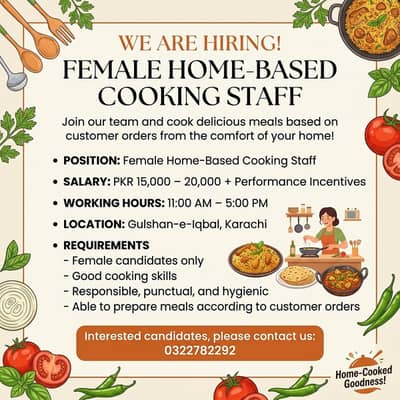 Home Based Cooking Jobs for Girls | Female Cook Required