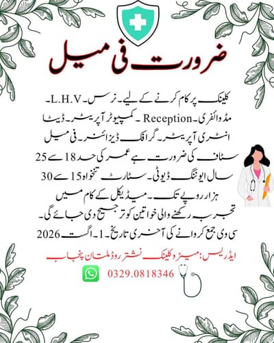 نرس ۔ایل ایچ بی ۔مڈ وائف فری ۔رسپشن ۔گرافک ڈیزائنر