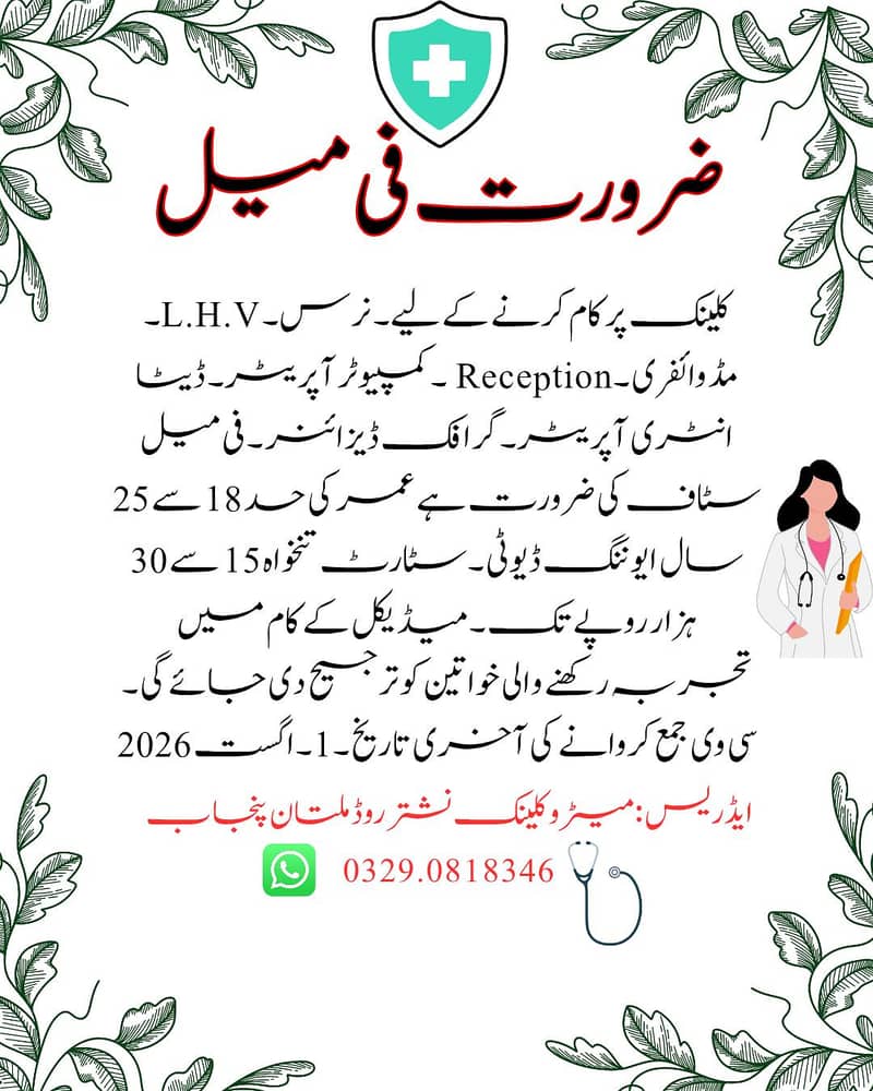 نرس۔ایل۔ایچ۔وی ۔مڈ وائف ۔رسپشن ۔گرافک ڈیزائنر 0
