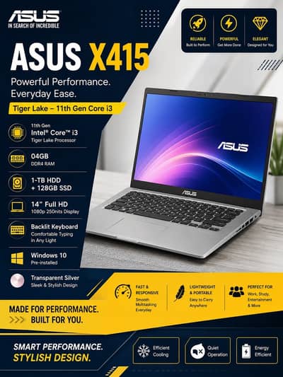 ASUS X415 Laptop - 11th Gen Core i3 - 4GB RAM - 1TB HDD  - 128GB SSD