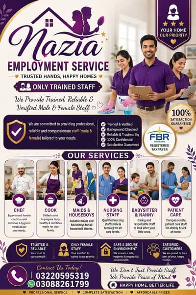 House maids , Maids , Baby Sitter , Chef , Cook , Patient Care ,Nurse