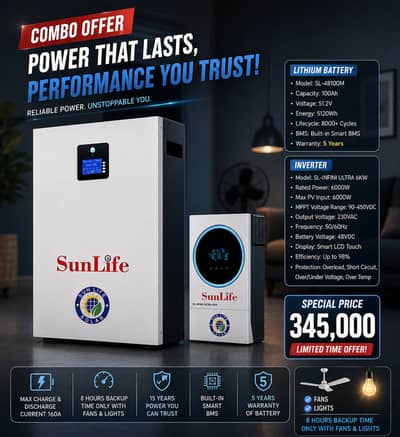 SunLife 6KW Solar Inverter + 100Ah 51.2V Lithium Battery | Combo Offer