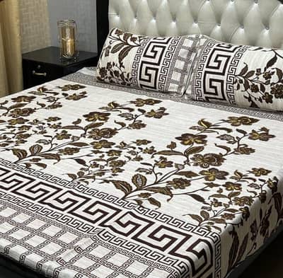 Crystal Cotton Double Bedsheet Set with Floral & Greek Key Print