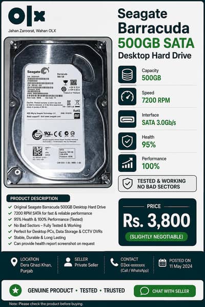 Seagate Barracuda  500GB 7200RPM Sata Desktop HDD | 95% Health | 100%p