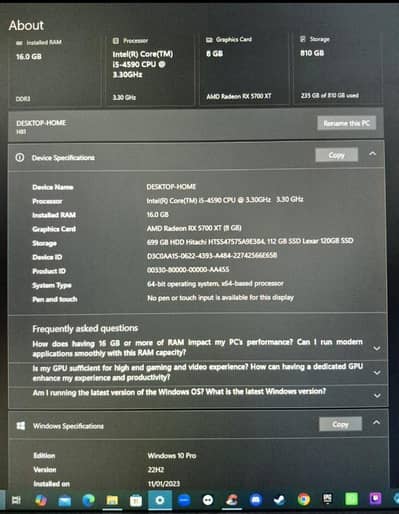 Intel Core i5 4590 | RAM 16gb | AMD Radeon Rx 5700 XT